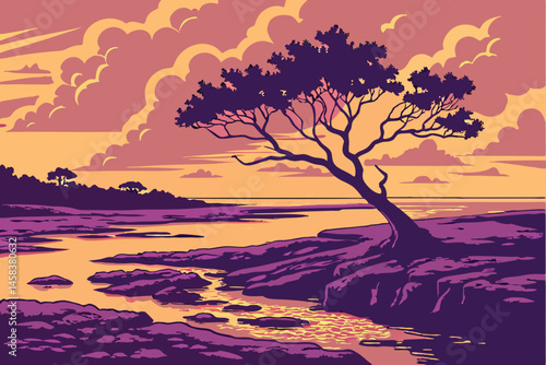40 Breathtaking coastal sunset, lone mangrove tree silhouette, vibrant purple and orange sky, reflective tidal pools, rocky shoreline, dramatic clouds, panoramic view, golden hour light, tranquil seas