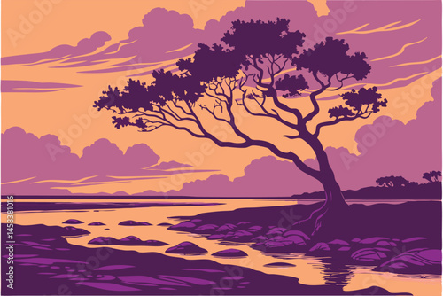 40 Breathtaking coastal sunset, lone mangrove tree silhouette, vibrant purple and orange sky, reflective tidal pools, rocky shoreline, dramatic clouds, panoramic view, golden hour light, tranquil seas