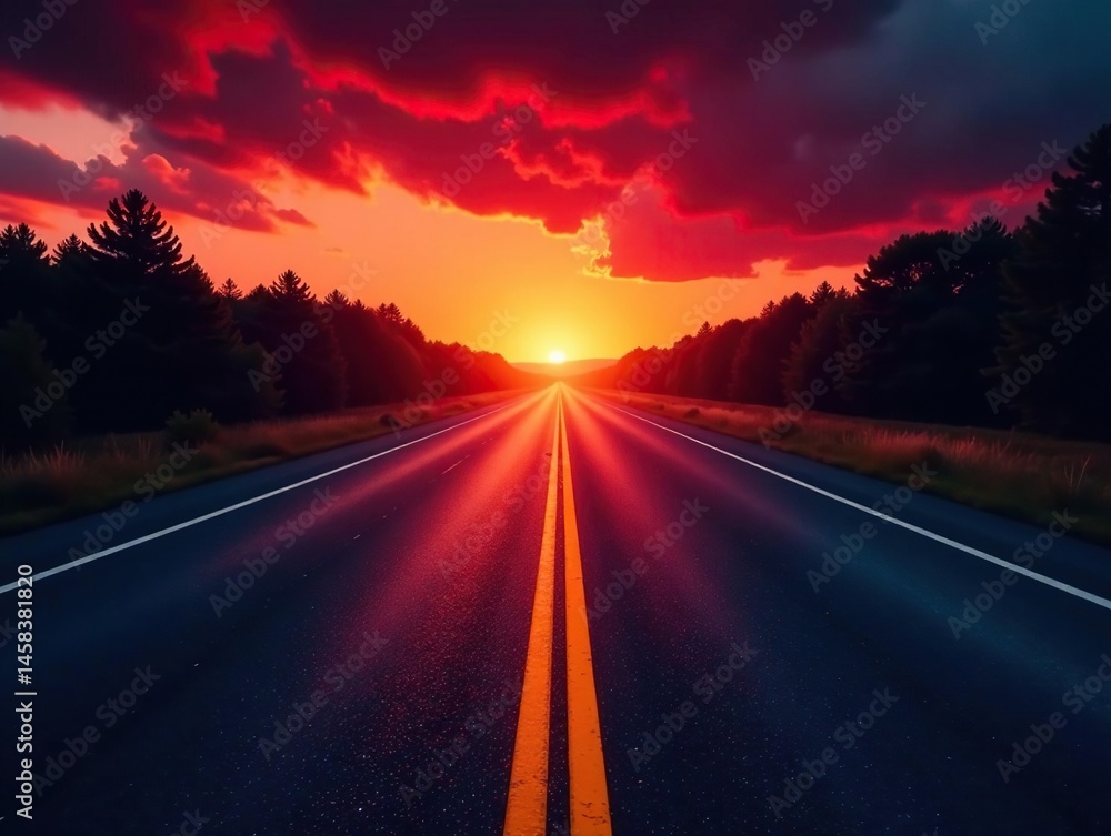 Fototapeta premium - Dark highway stretches, hot air distorts view, bright yellow stripe cuts through vanishing point, highway, road, black