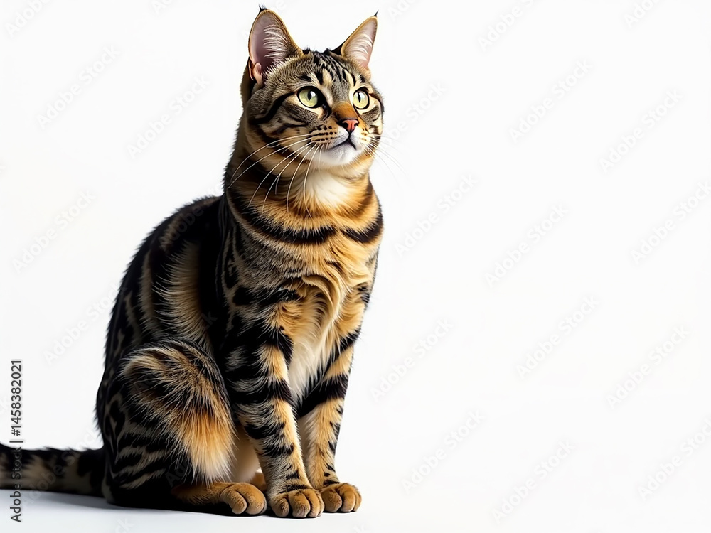 Fototapeta premium The cat is sitting on a white background. The cat has a striped pattern on its fur.