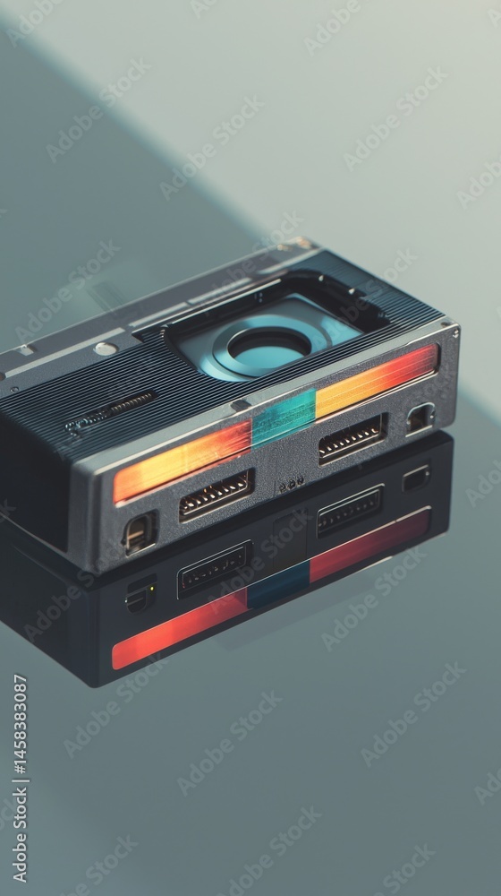 Obraz premium Vintage camera resting on a reflective surface, showcasing its vibrant design and details.