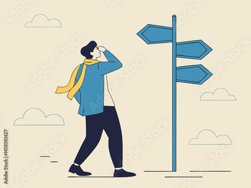 Businessman confused at crossroads decision making