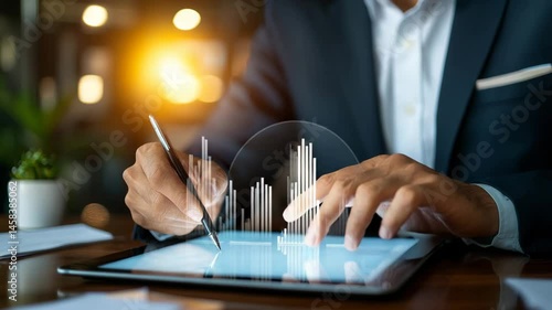 Business Professional Analyzing Data Trends on Digital Tablet in Office