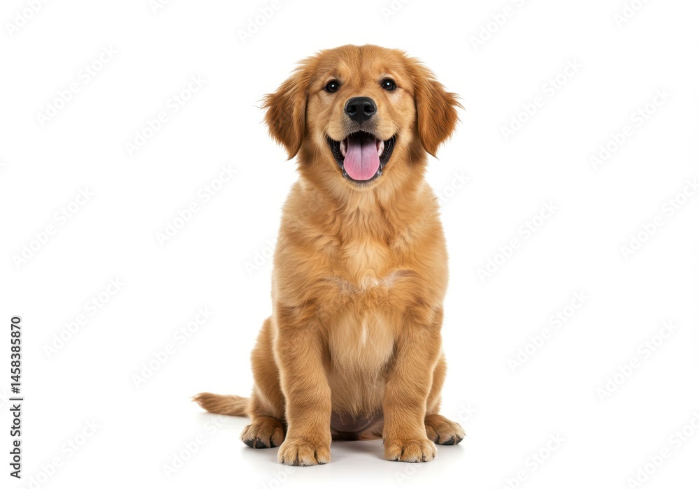 Fototapeta premium Happy golden retriever puppy sitting and smiling on a white background, showing its tongue and looking at the camera