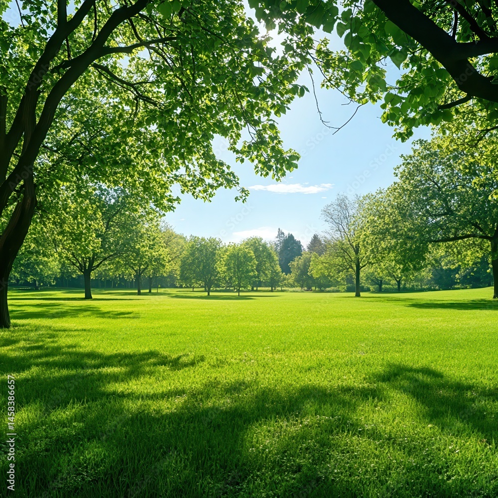 Fototapeta premium Sunny day in a green park. A serene view of a lush green park under a clear blue sky, evoking feelings of peace and nature's tranquility. Perfect for spring or summer backgrounds.