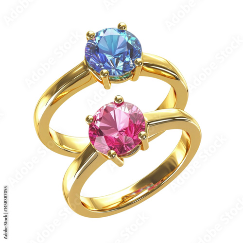 Two gold rings with blue and pink gemstones intertwined a beautiful jewelry set