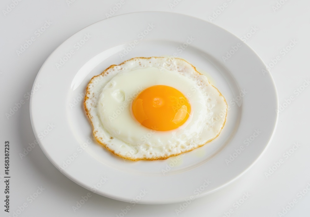 Over easy egg with bright yellow yolk served on a white plate against a white background Over easy egg with bright yellow yolk served on a white plate against a white background