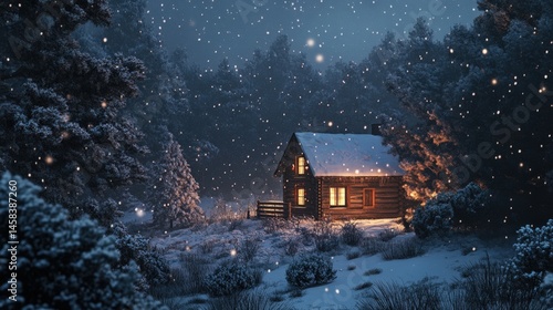 Wallpaper Mural Cozy wooden cabin bathed in warm light, nestled within a snowy forest at night. Torontodigital.ca