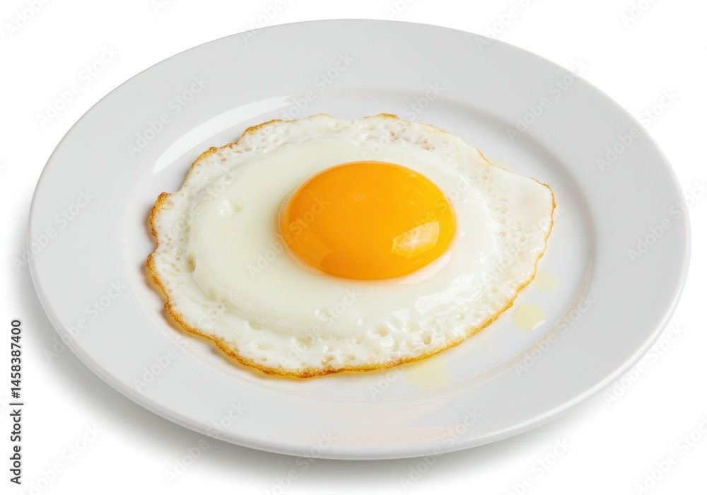 A sunny side up egg with a bright orange yolk sits on a white plate against a white background A sunny side up egg with a bright orange yolk sits on a white plate against a white background