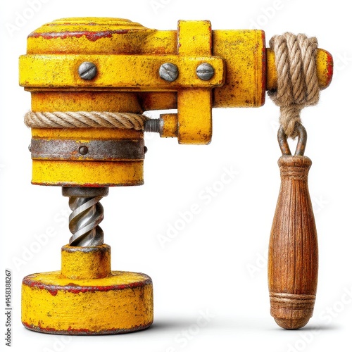 Obraz na płótnie Rusty Yellow Metal Device with Wooden Handle and Intricate Gears w salonie