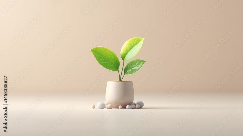 A vibrant green sprout emerges from a small pot surrounded by smooth stones against a calming beige backdrop in a minimalist composition. A vibrant green sprout emerges from a small pot surrounded by smooth stones against a calming beige backdrop in a minimalist composition.