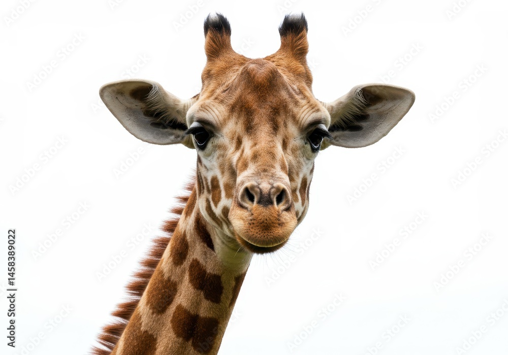 Fototapeta premium Close-up portrait of a giraffe with its distinctive spotted pattern against a bright, clear white background