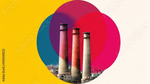 Three tall brick industrial chimneys stand against a vibrant background of overlapping colorful circles and geometric shapes on a sunny day.