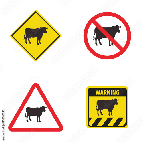 Set of cow crossing traffic sign. Vector illustration of yellow triangle warning sign and white cirle warning sign with deer icon inside. Wild forest animals likely to be in road ahead. Caution cow