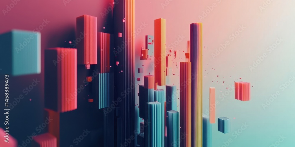 Obraz premium Abstract Cityscape: Vivid, colorful geometric shapes rise and fall, creating a dynamic and futuristic urban landscape.