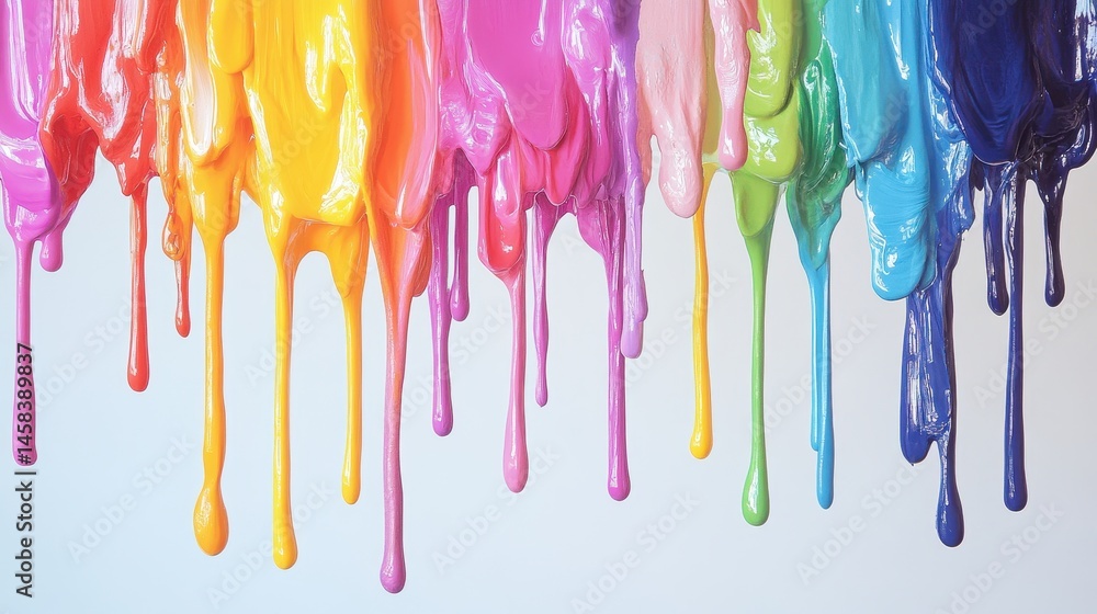 Naklejka premium Rainbow paint flows: A vibrant display of multi-colored paints cascades downwards, symbolizing creativity and a spectrum of ideas.