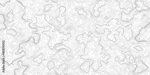 The grey white on black contours vector topography stylized height of the lines. The concept of a conditional geography scheme and the terrain path. Ultra wide. Map vector terrain Illustration.