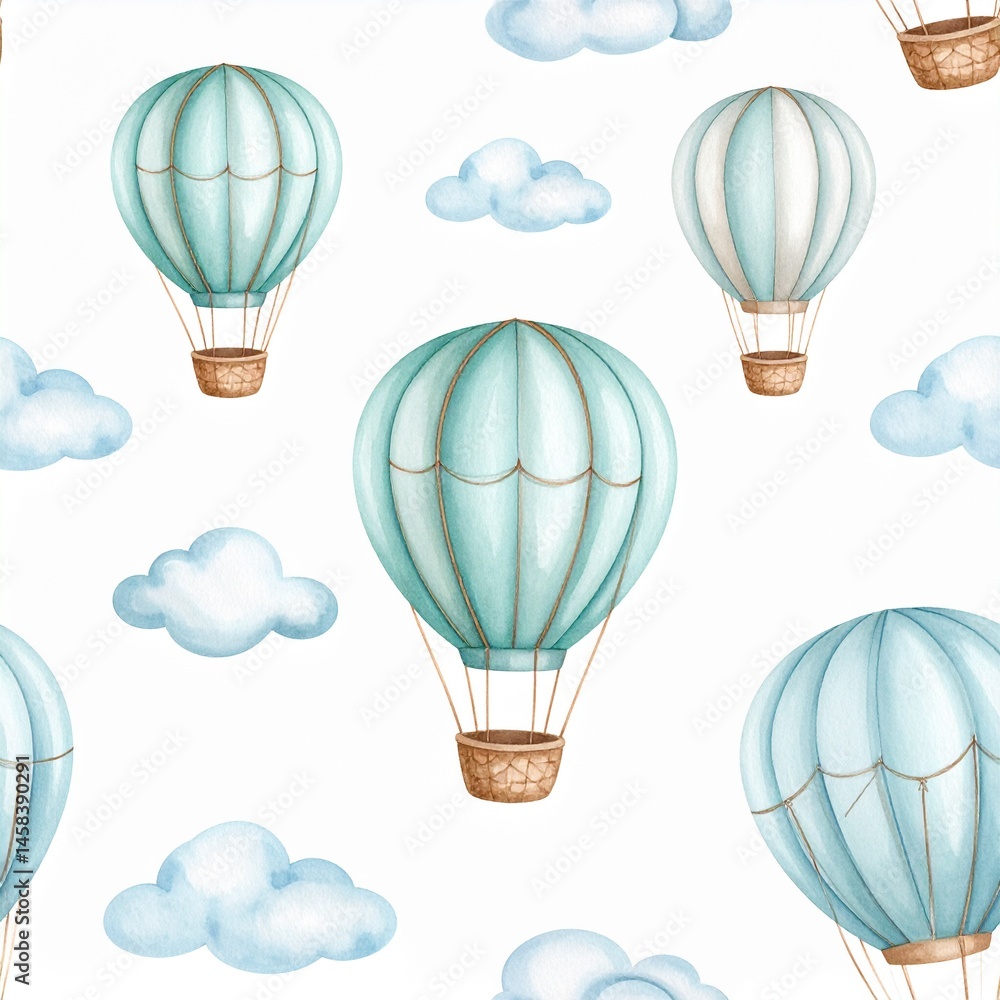 Obraz premium Beautiful seamless pattern with hand drawn air balloons and clouds. Stock illustration. 
