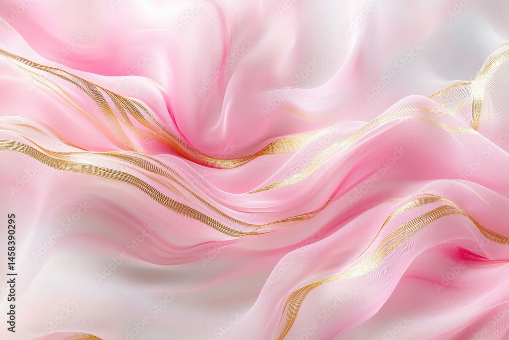 Obraz premium Ethereal Pink Fabric: A graceful dance of delicate pink fabric, enhanced with elegant gold accents, weaves a tale of luxury and softness. Capture the light as it cascades across the flowing textures.