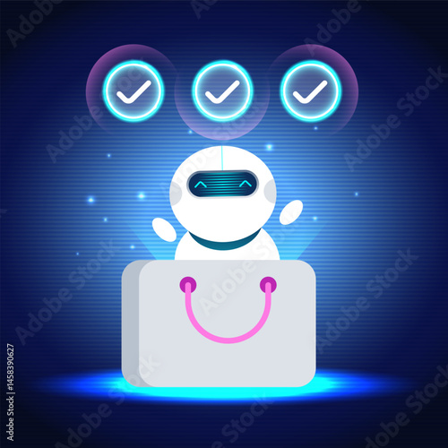 AI Assistant designed as a cute robot popping out of a shopping bag, with neon checkmarks, coding graphics, and shopping elements, representing efficient e-commerce solutions.
