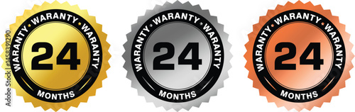 round warranty badges with 24 months text in gold, silver, and bronze for product guarantees	