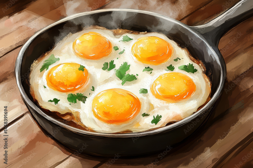 Fried eggs in cast iron skillet, garnished with herbs, create warm and inviting breakfast scene Fried eggs in cast iron skillet, garnished with herbs, create warm and inviting breakfast scene