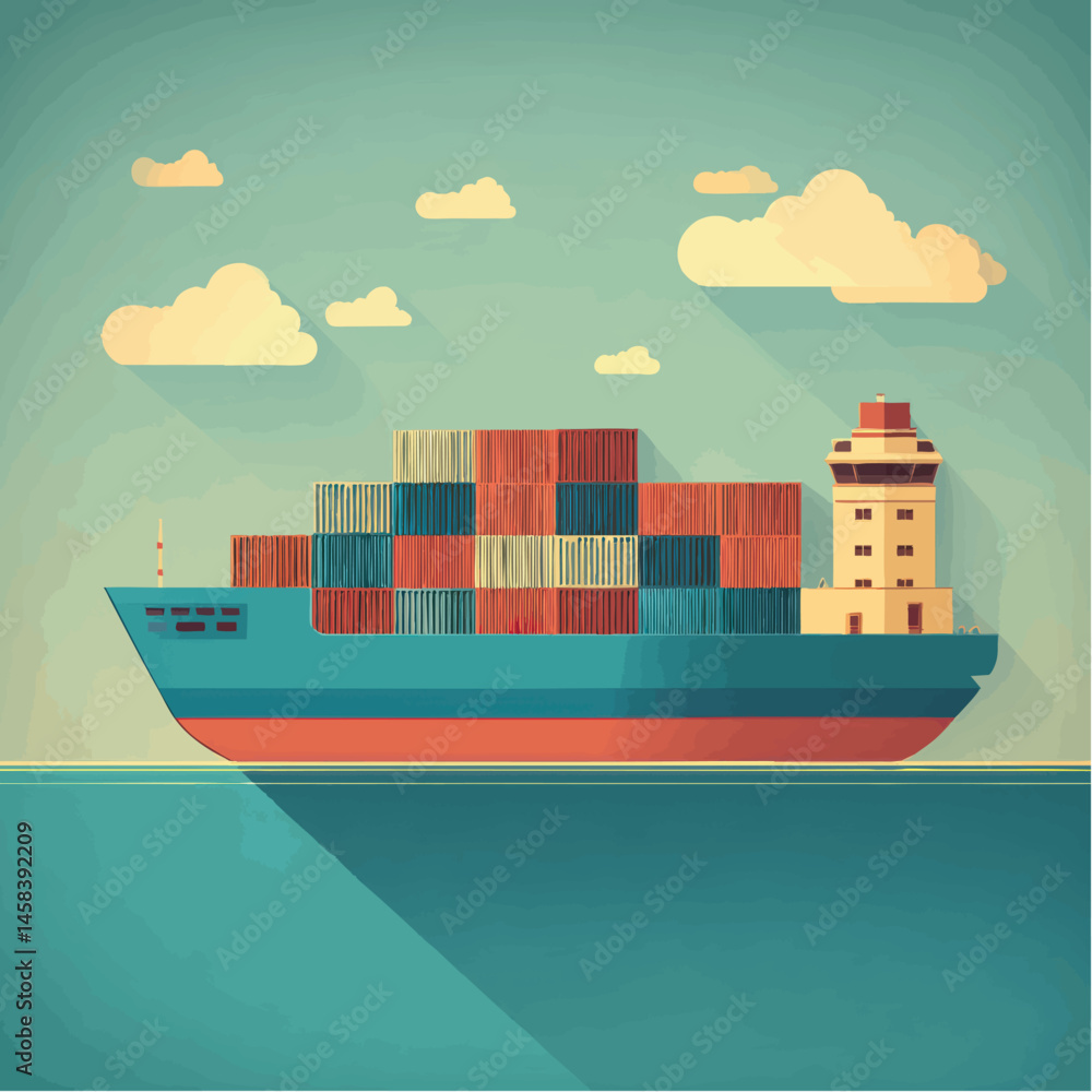 Obraz premium Cargo ship sails under puffy clouds