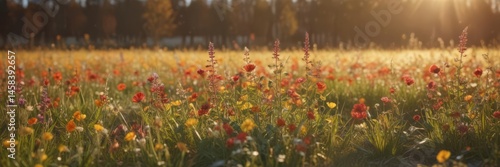 Sunlit field, vibrant late season blooms, blurred background, yellow, nature, vibrant