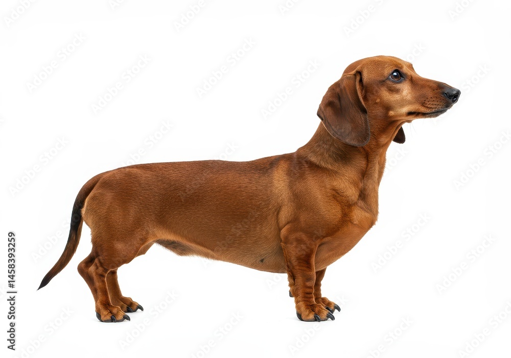A brown dachshund standing in profile against a bright white background looking to the right A brown dachshund standing in profile against a bright white background looking to the right