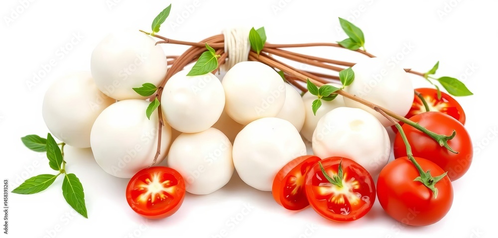 Fresh mozzarella balls, bundled, with and without sliced tomatoes, isolated on white background, dairy product, isolated Fresh mozzarella balls, bundled, with and without sliced tomatoes, isolated on white background, dairy product, isolated