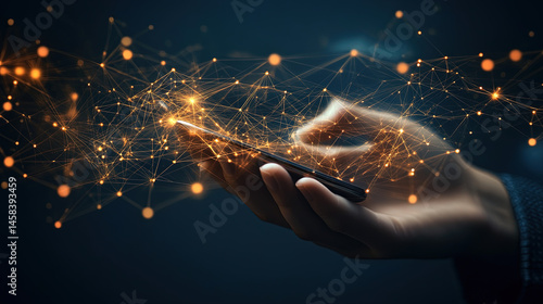hand using smartphone with digital technology data communication network and telecommunication concept