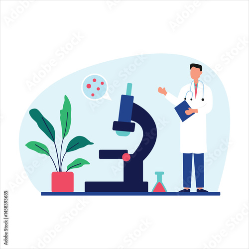 Doctor with microscope and plant, symbolizing medical research and nature. Suitable for healthcare, science, environmental concepts in design projects.