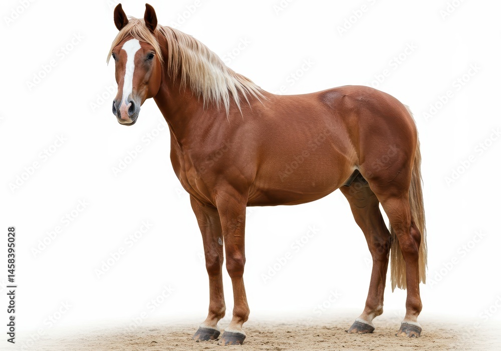 Obraz premium Chestnut horse standing in a neutral pose with a white blaze and blonde mane on a white background