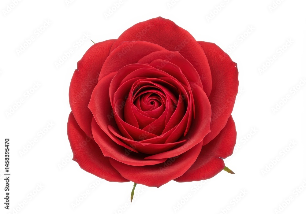 Fototapeta premium Close-up of a vibrant red rose with layered petals, isolated against a clean white background, showcasing its elegant beauty