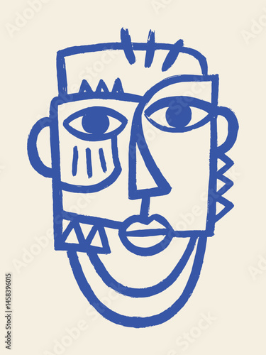 cubist face portrait, abstract naive line art illustration