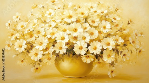 Yellow vase brimming with many white flowers.