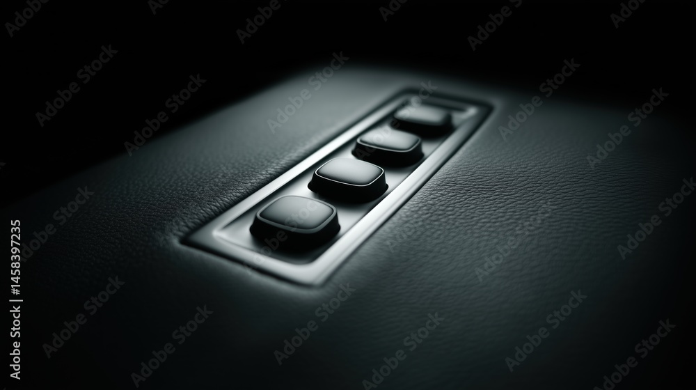 Fototapeta premium Black rectangular electronic buttons in dark leather surface. device interface, tactile input, control panel
