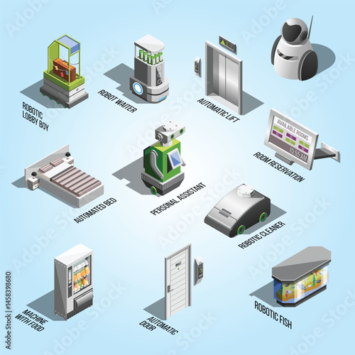 isometric robotized hotels friendly modern computer smart cyborg android artificial intelligence