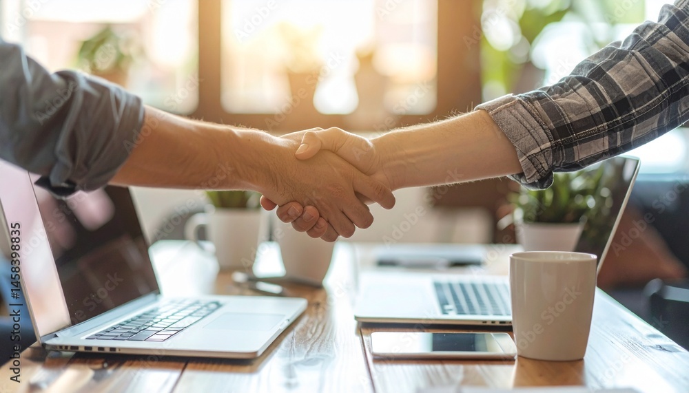 Friendly handshake in a bright office setting Friendly handshake in a bright office setting