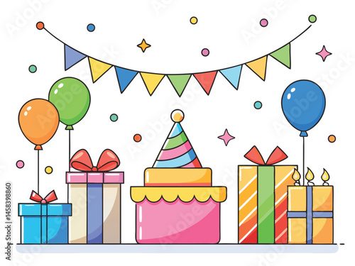 Whimsical Birthday Bash – Cheerful Cartoon Party Scene with Balloons, Gifts & Festive Decor in Flat Vector Style