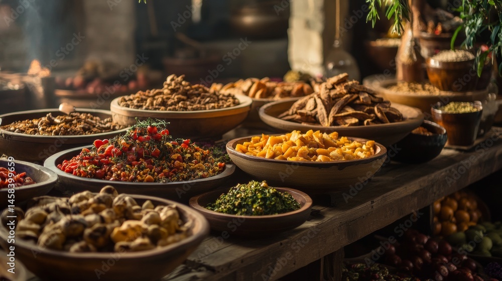 Obraz premium Traditional market stall with variety of spices and grains in warm vintage culinary food display