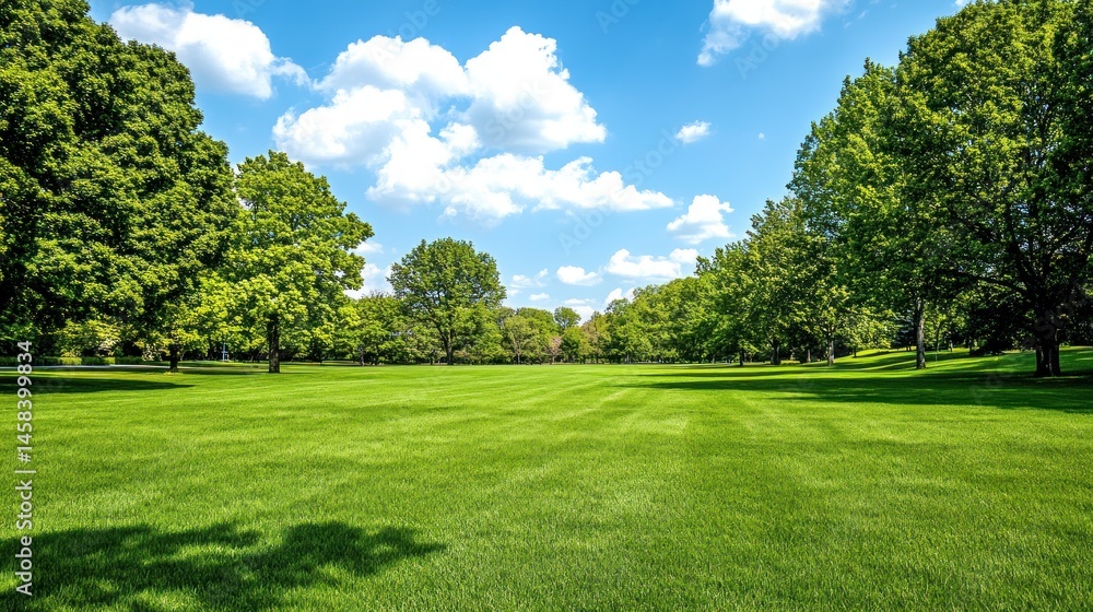 Fototapeta premium Green lawn and lush trees under a partly cloudy sky
