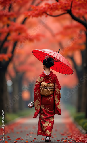 geisha walking under red maple trees