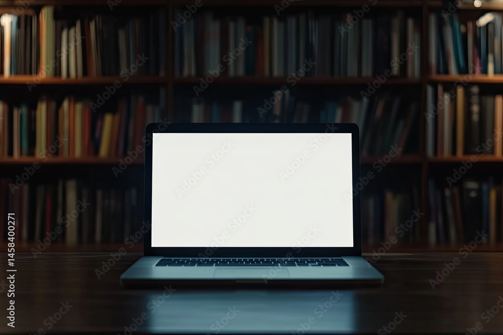 Laptop in a dark library Laptop in a dark library