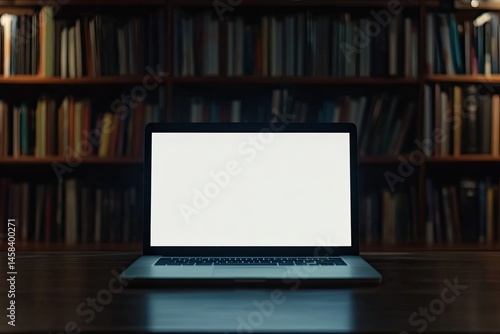 Laptop in a dark library