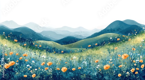 Softly painted landscape of rolling hills and wildflowers.