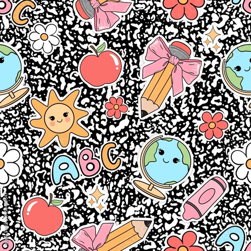 Back To School Composition Book Seamless Pattern Retro Teacher Coquette Pencil Bows Digital Paper Background 