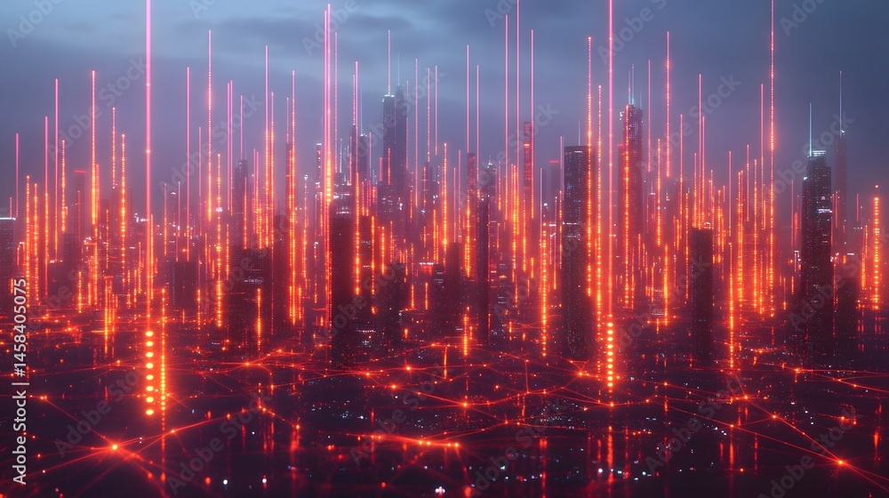 Futuristic cityscape illuminated by glowing, red energy beams. Futuristic cityscape illuminated by glowing, red energy beams.