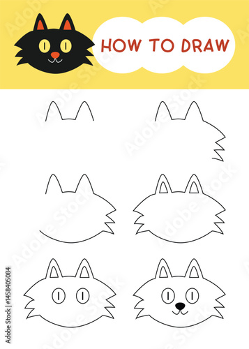 How to draw cat face cartoon step by step for learning, drawing, education, kids and coloring book