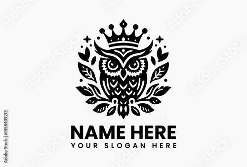 Elegant black and white illustration of an owl with a crown, surrounded by decorative leaves in a symmetrical design. Bird concept
